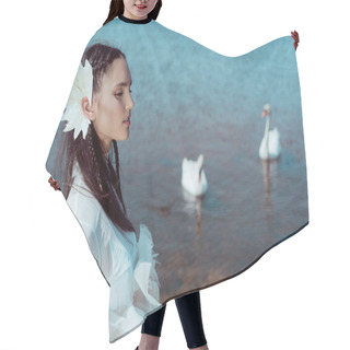 Personality  Side View Of Tender Woman In White Swan Costume Looking Away, Standing On Background With Birds And River Hair Cutting Cape