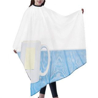 Personality  Closeup Shot Of Cup With Empty Note Paper On Wooden Blue Surface Hair Cutting Cape