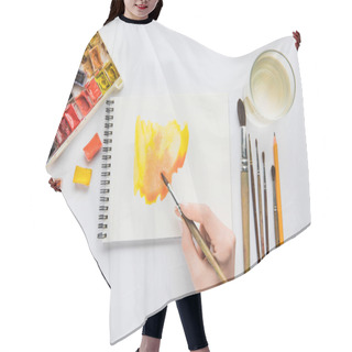 Personality  Top View Of Female Hand Drawing In Album With Watercolor Paints And Paintbrush Hair Cutting Cape
