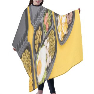 Personality  Panoramic Shot Of Eco Packages With Vegetables, Meat, Fried Eggs And Salads Isolated On Yellow     Hair Cutting Cape