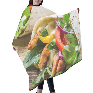 Personality  Closeup Of Kebab In A Pancake With Vegetables Hair Cutting Cape