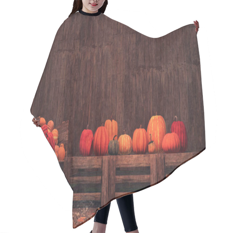 Personality  Autumn Harvest Of Pumpkins Laid Out On Wooden Crates Against Dark Wood Background With Copy Space At Rural Farmers Market. Fall Season 3D Illustration For Thanksgiving Or Halloween Holidays. Hair Cutting Cape