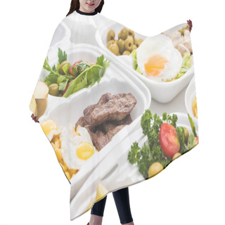 Personality  Selective Focus Of Eco Package With Salad, Apples, Fried Eggs And Meat On White Background  Hair Cutting Cape