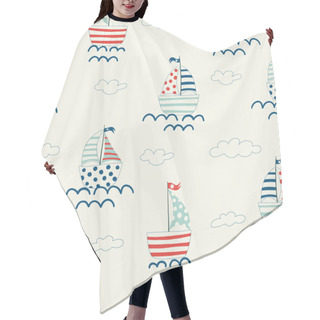 Personality  Vector Color Seamless Repeating Childish Simple Pattern With Cute Ships In Scandinavian Style. Childrens Pattern With Ships. Sea Print Hair Cutting Cape