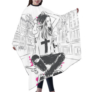 Personality  Girl On A City Street. Hipster. Vector Illustration. Hair Cutting Cape