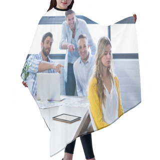 Personality  Colleagues Laughing On Businesswoman  Hair Cutting Cape