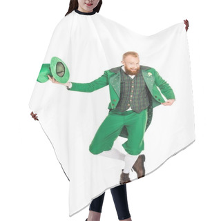 Personality  Handsome Leprechaun In Green Costume Holding Hat, Isolated On White Hair Cutting Cape