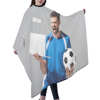 Personality  Excited Soccer Player With Ball And Laptop Near Falling Money On Grey Hair Cutting Cape