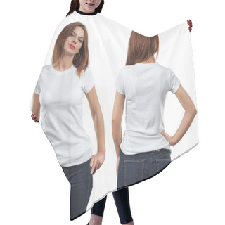 Personality  Sexy Female Wearing Blank White Shirt Hair Cutting Cape