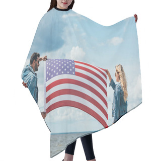 Personality  Blonde Woman And Man In Jacket Holding American Flag  Hair Cutting Cape