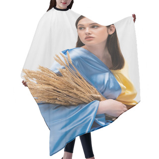 Personality  Brunette Young Ukrainian Woman Covered With Blue And Yellow Flag Holding Wheat Spikelets Isolated On Grey Hair Cutting Cape