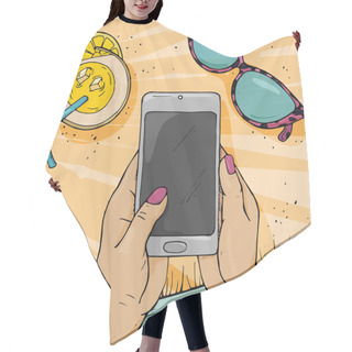 Personality  Hands Of A Woman Holding A Mobile Phone On The Beach. Hair Cutting Cape