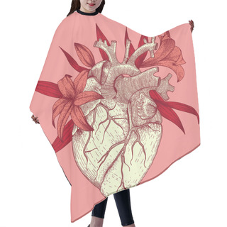 Personality  Vector Illustration Of Anatomy Heart With Lily Flowers For T-shirt Print For St. Valentines Day Hair Cutting Cape
