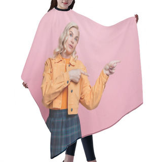 Personality  Blonde Woman In Jacket Pointing With Fingers Isolated On Pink  Hair Cutting Cape