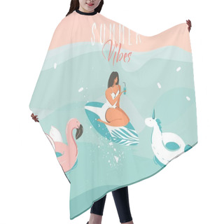 Personality  Hand Drawn Vector Stock Abstract Graphic Illustration With A Girl In A Swimsuit Swimming With A Unicorn And Flamingo Rubber Ring Isolated On Ocean Wave Background Hair Cutting Cape