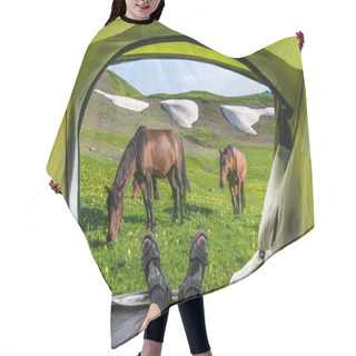 Personality  View From Inside A Tent On The Horses And Mountains Hair Cutting Cape