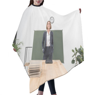 Personality  Young Female Teacher In Classroom Hair Cutting Cape