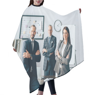 Personality  Positive Businesspeople Smiling At Camera Near Mature Colleague In Office  Hair Cutting Cape