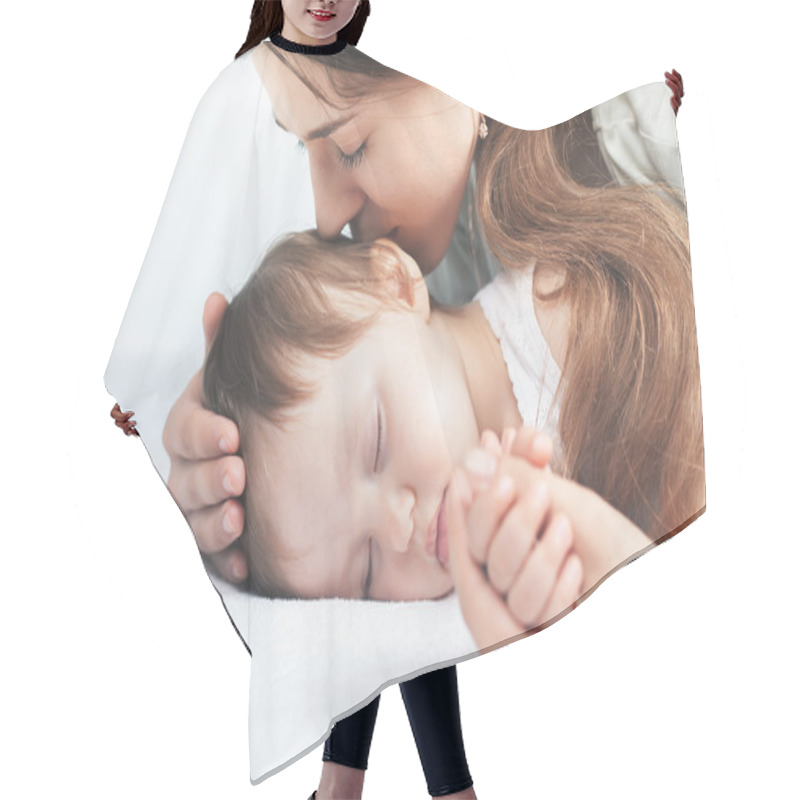 Personality  Mother Kissing A Baby. Care Concept Hair Cutting Cape