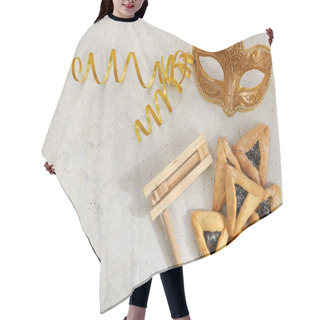 Personality  Jewish Holiday Purim Background With Hamantaschen Or Hamans Ears Cookies, Carnival Mask And Noisemaker Hair Cutting Cape