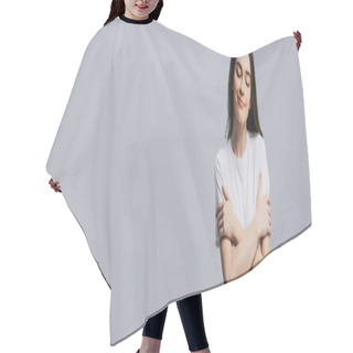 Personality  Dreamy Smiling Beautiful Girl In White T-shirt Hugging Herself With Closed Eyes Isolated On Grey, Panoramic Shot Hair Cutting Cape