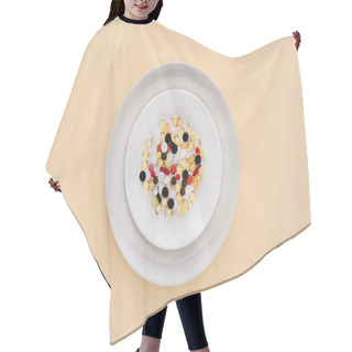 Personality  Top View Of Plate With Various Pills On Beige Background Hair Cutting Cape