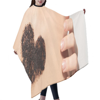 Personality  Panoramic Shot Of Woman With Heart Sign Of Coffee Scrub On Body, Isolated On Grey Hair Cutting Cape