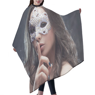 Personality  Mysterious And Beautiful Brunette With Venetian Mask. Hair Cutting Cape