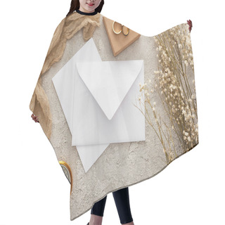 Personality  Top View Of Envelope Near Beige Sackcloth, Golden Compass And Wedding Rings On Textured Surface Hair Cutting Cape