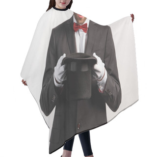 Personality  Cropped View Of Shocked Magician Holding Hat, Isolated On Grey Hair Cutting Cape