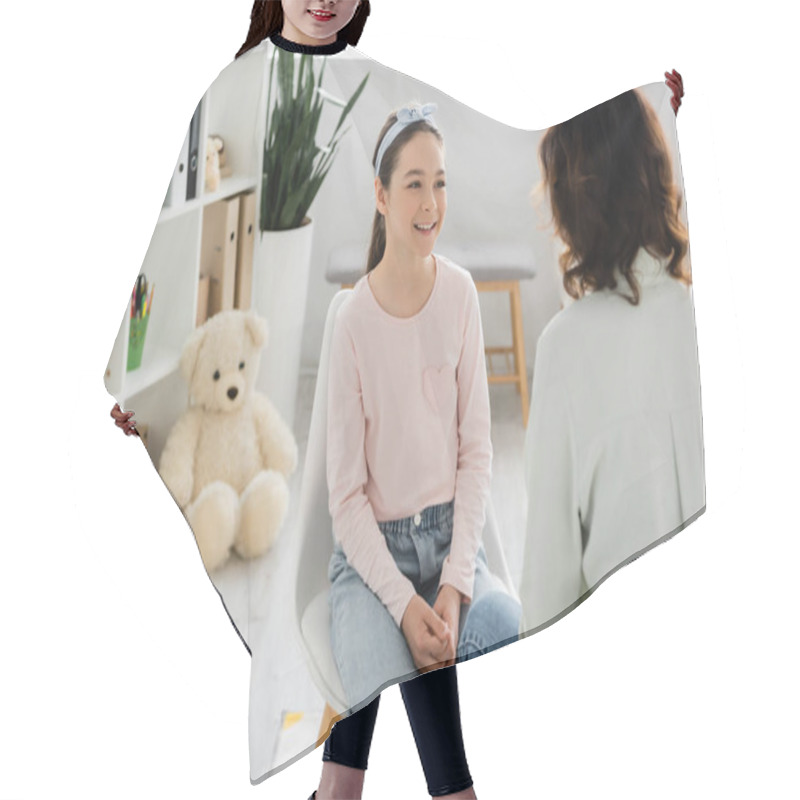 Personality  Smiling Preteen Girl Looking At Speech Therapist In Consulting Room  Hair Cutting Cape