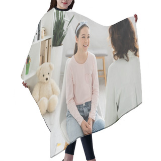 Personality  Smiling Preteen Girl Looking At Speech Therapist In Consulting Room  Hair Cutting Cape