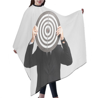 Personality  Businessman In Suit Obscuring Face With Darts Board Isolated On Grey Hair Cutting Cape