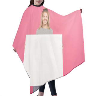 Personality  Attractive Woman Holding Empty Board, Isolated On Pink Hair Cutting Cape