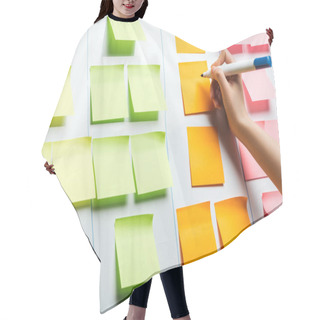 Personality  Cropped View Of Businesswoman Writing On Stickers Notes With Copy Space Hair Cutting Cape