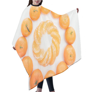 Personality  Flat Lay With Circles Of Peeled Tangerine Slices And Whole Tangerines On White Background Hair Cutting Cape
