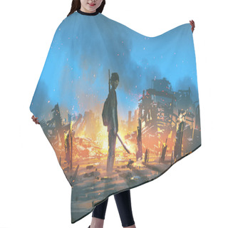 Personality  Young Survivor In The Apocalyptic World, Digital Art Style, Illustration Painting Hair Cutting Cape