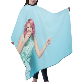 Personality  Young Woman With Pink Hair Pointing Aside And Laughing On Blue Background Hair Cutting Cape