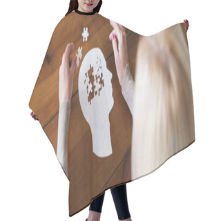 Personality  Overhead View Of Blurred Woman Holding Part Of Jigsaw On Table, Banner  Hair Cutting Cape