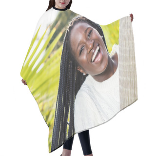 Personality  Happy African Teen With Braids. Hair Cutting Cape