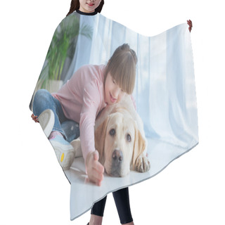 Personality  Child With Down Syndrome Playing With Labrador Retriever Dog On The Floor Hair Cutting Cape