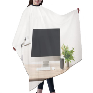Personality  Workplace With Coffee To Go, Lamp, Green Plant And Desktop Computer With Copy Space Isolated On White Hair Cutting Cape