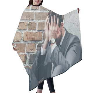 Personality  Sad Man In Gray Suit Sitting And Covering Face With Hands On Brown Textured Background In Room, Grieving Disorder Concept Hair Cutting Cape