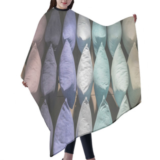 Personality  Multi-colored Pillows Background. Creative Background Made Of Pillows. Purple, Blue, Beige, Gray Pillows. Hair Cutting Cape