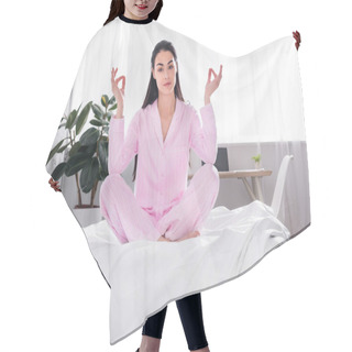 Personality  Woman In Pink Pajamas Sitting In Lotus Pose On Bed In Morning At Home Hair Cutting Cape