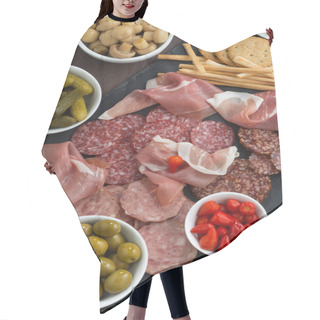 Personality  Assorted Deli Meat Snacks, Sausages And Pickles On A Blackboard Hair Cutting Cape