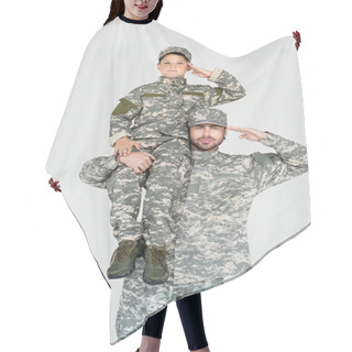 Personality  Soldier Holding Son In Military Uniform On Shoulder And Saluting Isolated On Grey Hair Cutting Cape