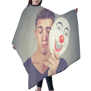 Personality  Young Sad Man Taking Off Happy Clown Mask. Human Emotions. Hair Cutting Cape