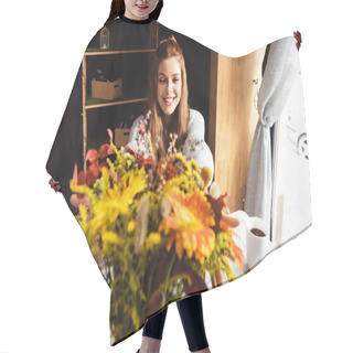 Personality  Smiling Redhead Woman With Bouquet Of Autumn Flowers In Cafe With Laptop And Cup Of Coffee  Hair Cutting Cape