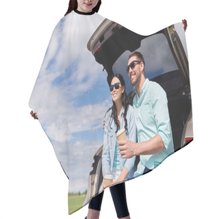 Personality  Happy Couple With Coffee At Hatchback Car Trunk Hair Cutting Cape